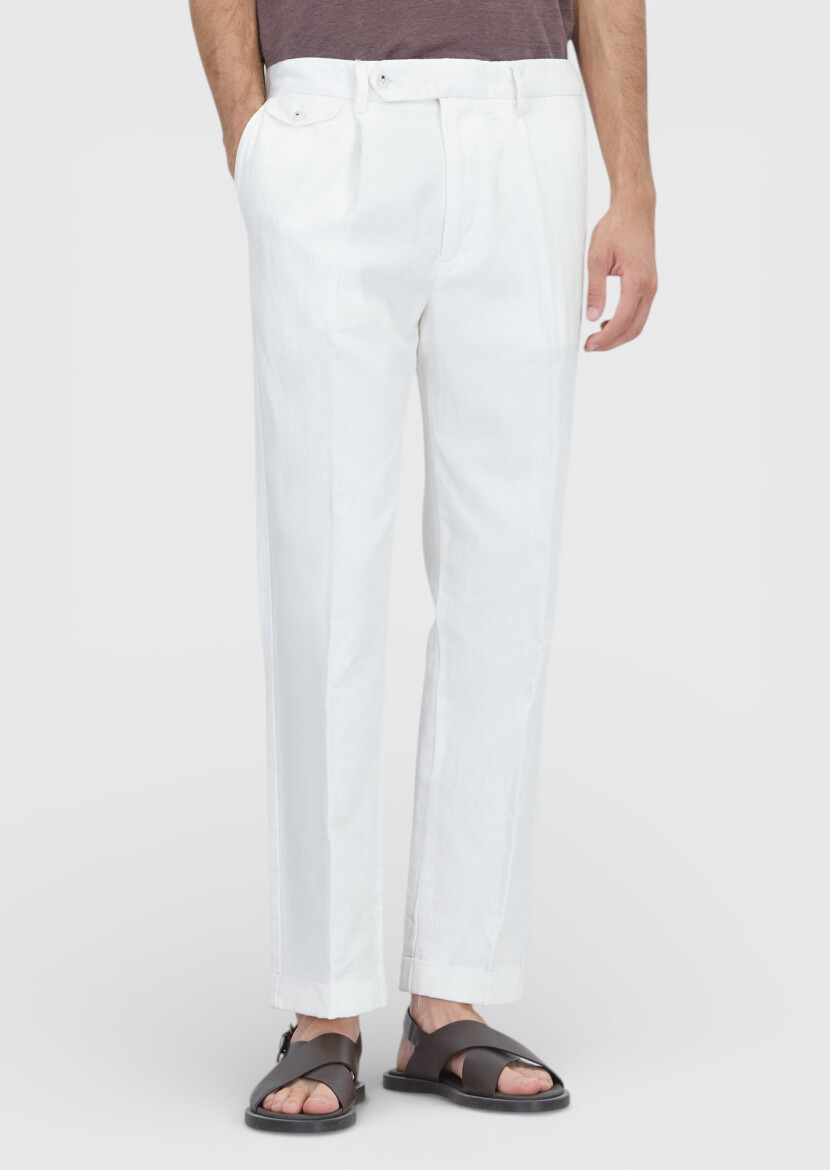 Beyaz Düz Dokuma Relaxed Fit Casual Pamuk Karışımlı Pantolon - RAMSEY