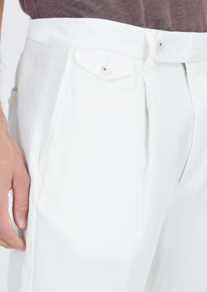 Beyaz Düz Dokuma Relaxed Fit Casual Pamuk Karışımlı Pantolon - 4