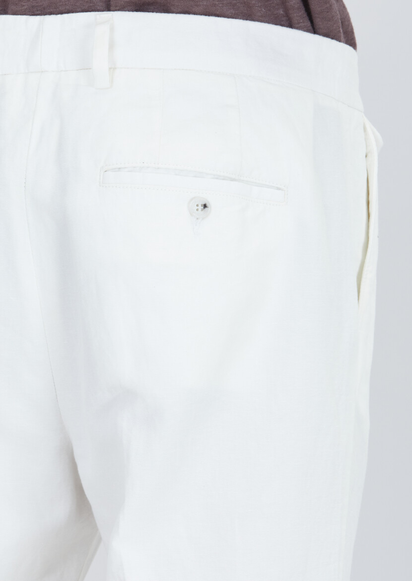 Beyaz Düz Dokuma Relaxed Fit Casual Pamuk Karışımlı Pantolon - 5