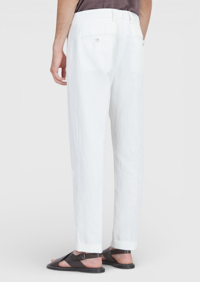 Beyaz Düz Dokuma Relaxed Fit Casual Pamuk Karışımlı Pantolon - 6