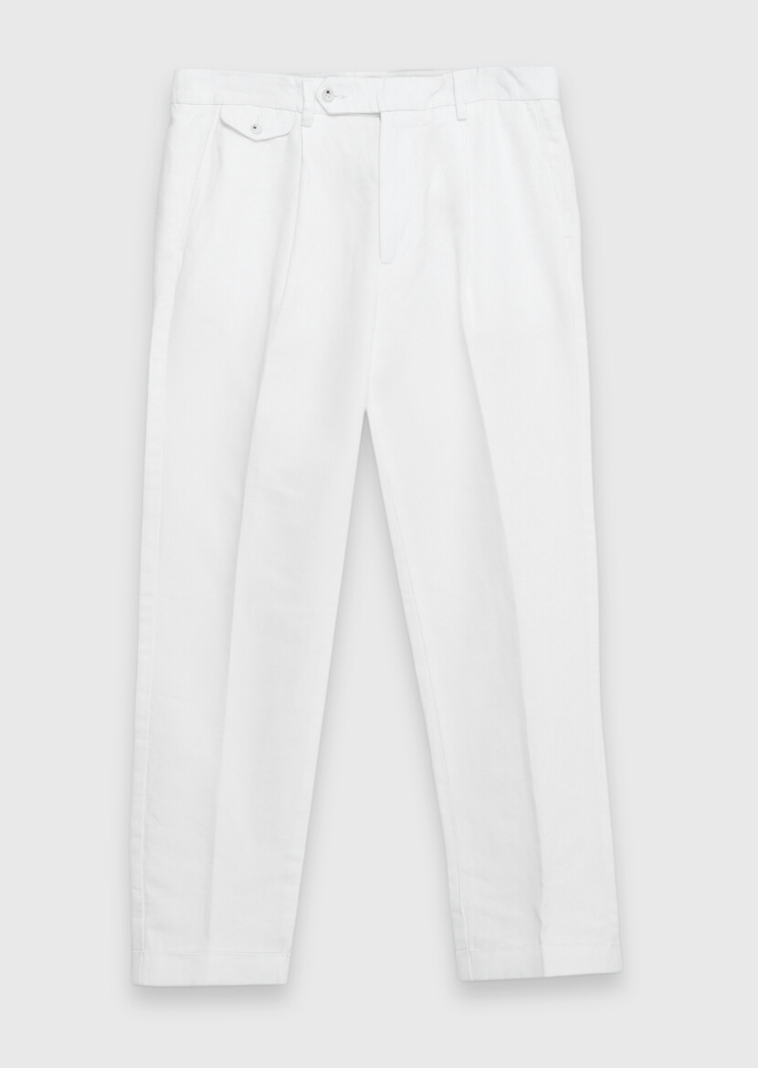 Beyaz Düz Dokuma Relaxed Fit Casual Pamuk Karışımlı Pantolon - 7