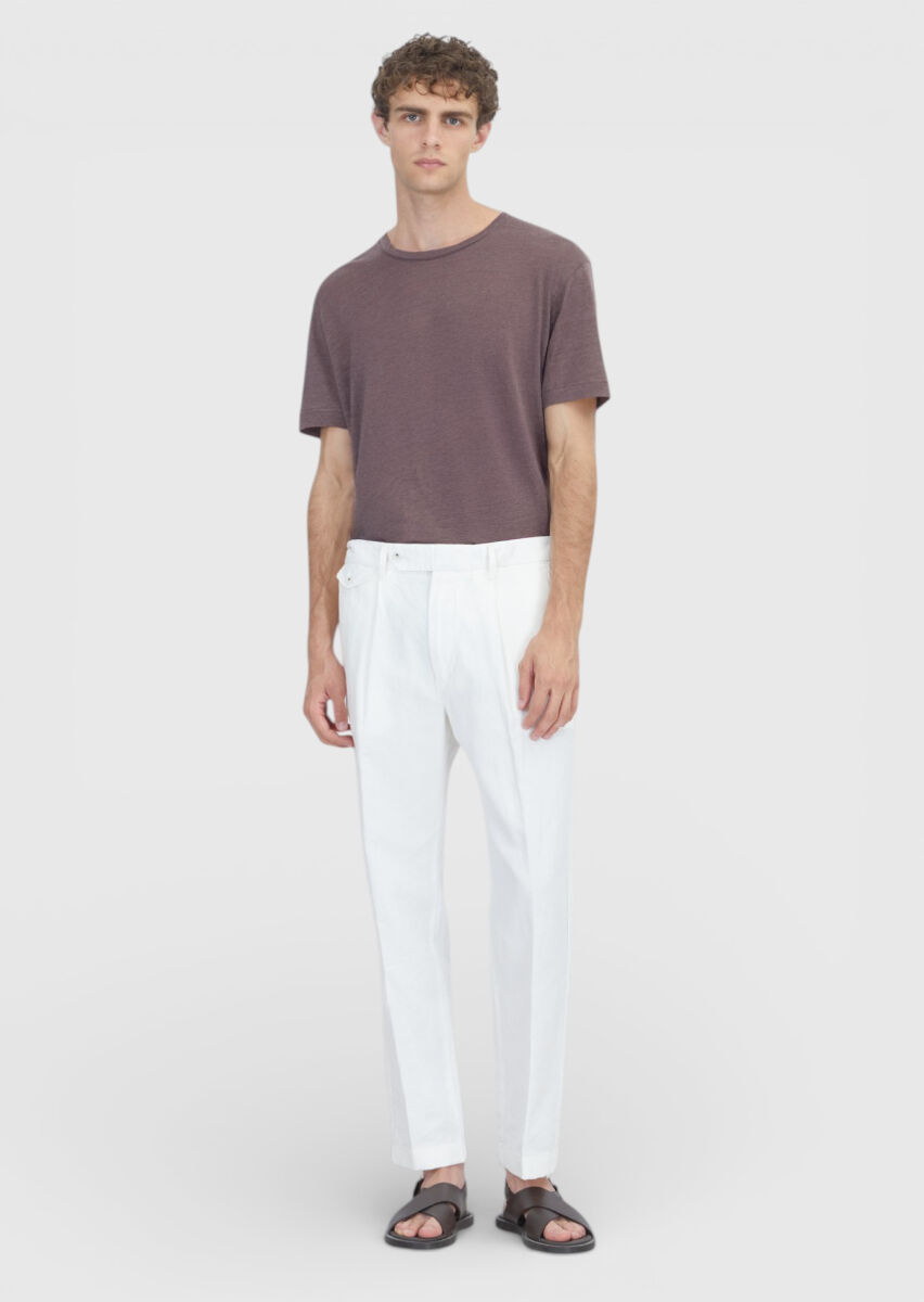 RAMSEY Beyaz Düz Dokuma Relaxed Fit Casual Pamuk Karışımlı Pantolon
