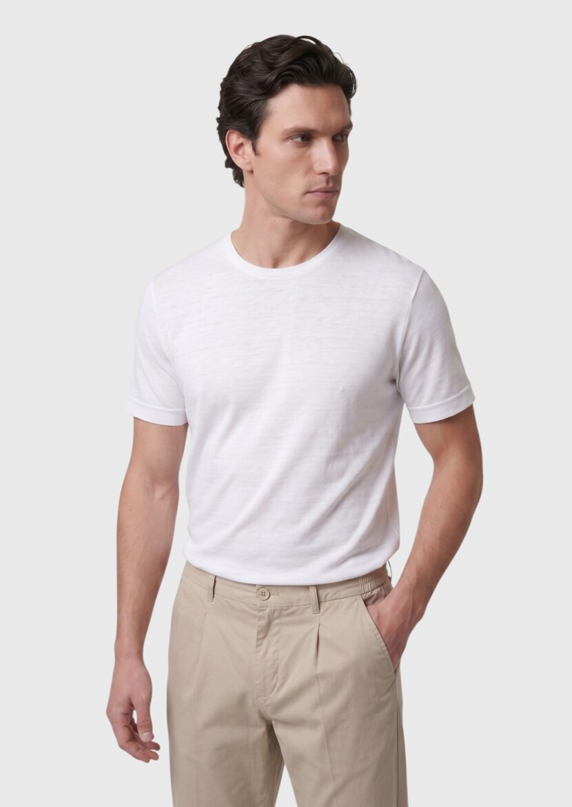 Beyaz Düz %100 Keten T-Shirt - 1