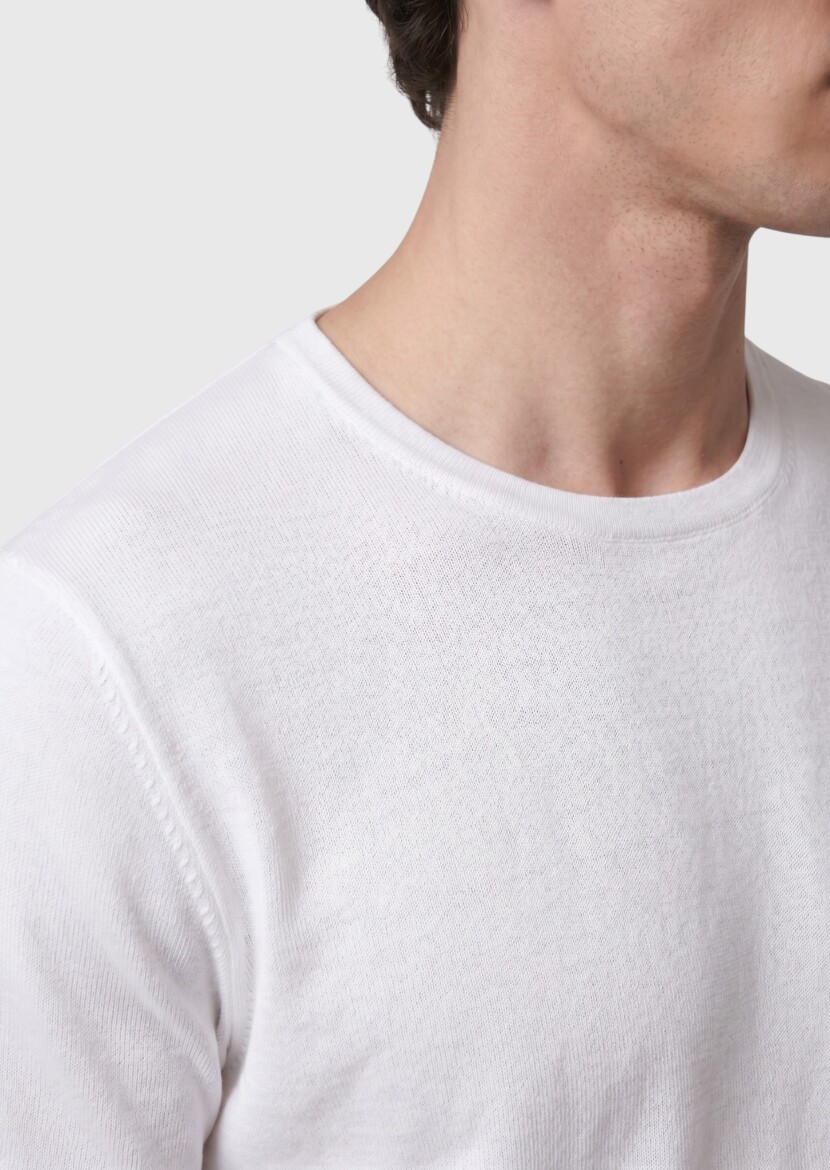Beyaz Düz %100 Keten T-Shirt - 2