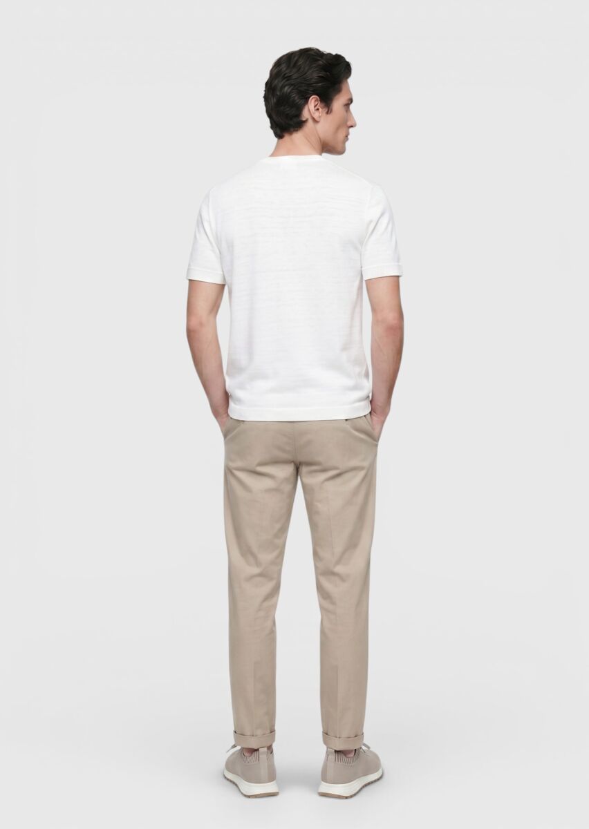 Beyaz Düz %100 Keten T-Shirt - 4