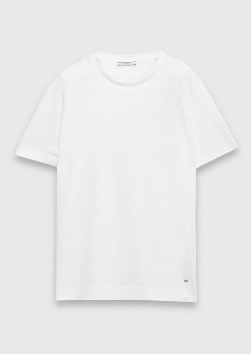 Beyaz Düz %100 Keten T-Shirt - 5