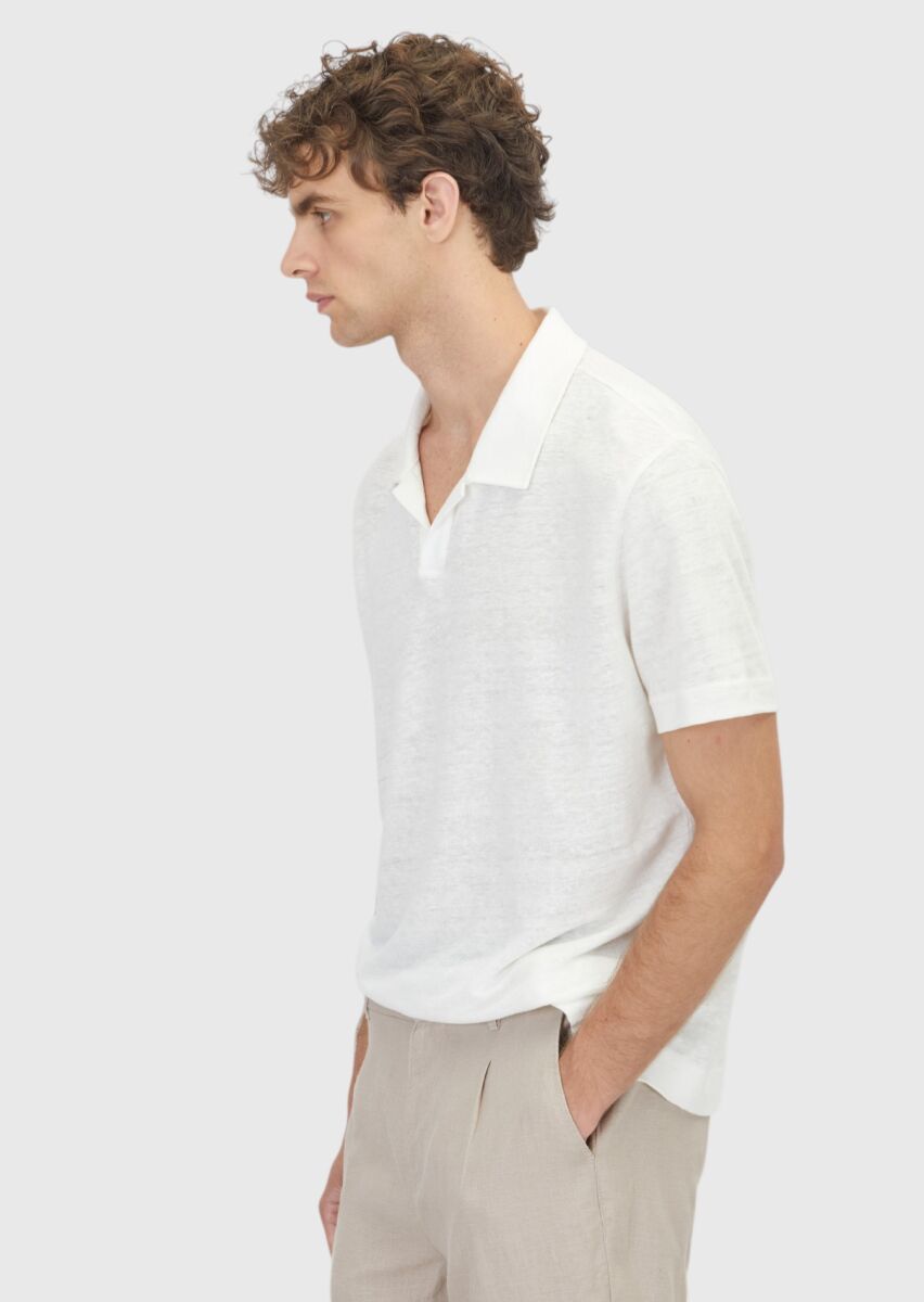 Beyaz Düz %100 Keten T-Shirt - 4