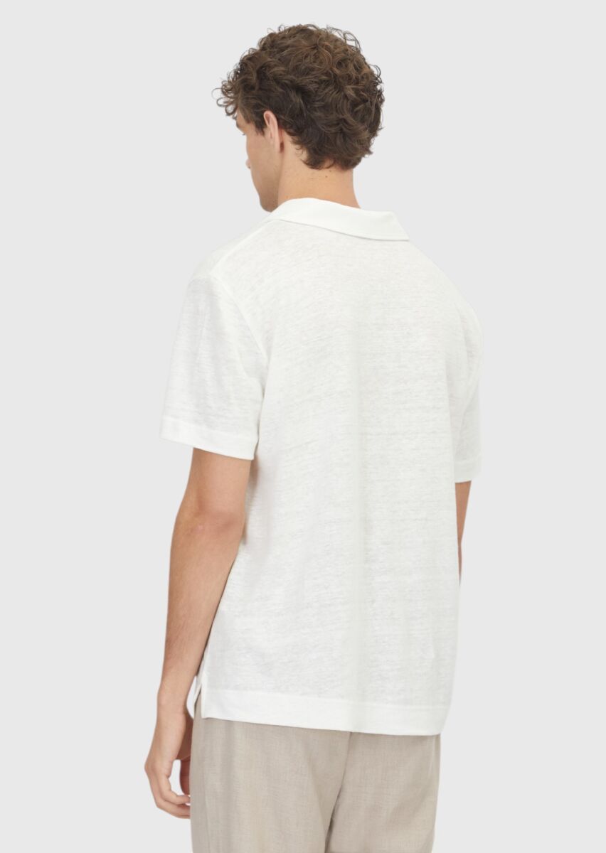 Beyaz Düz %100 Keten T-Shirt - 5