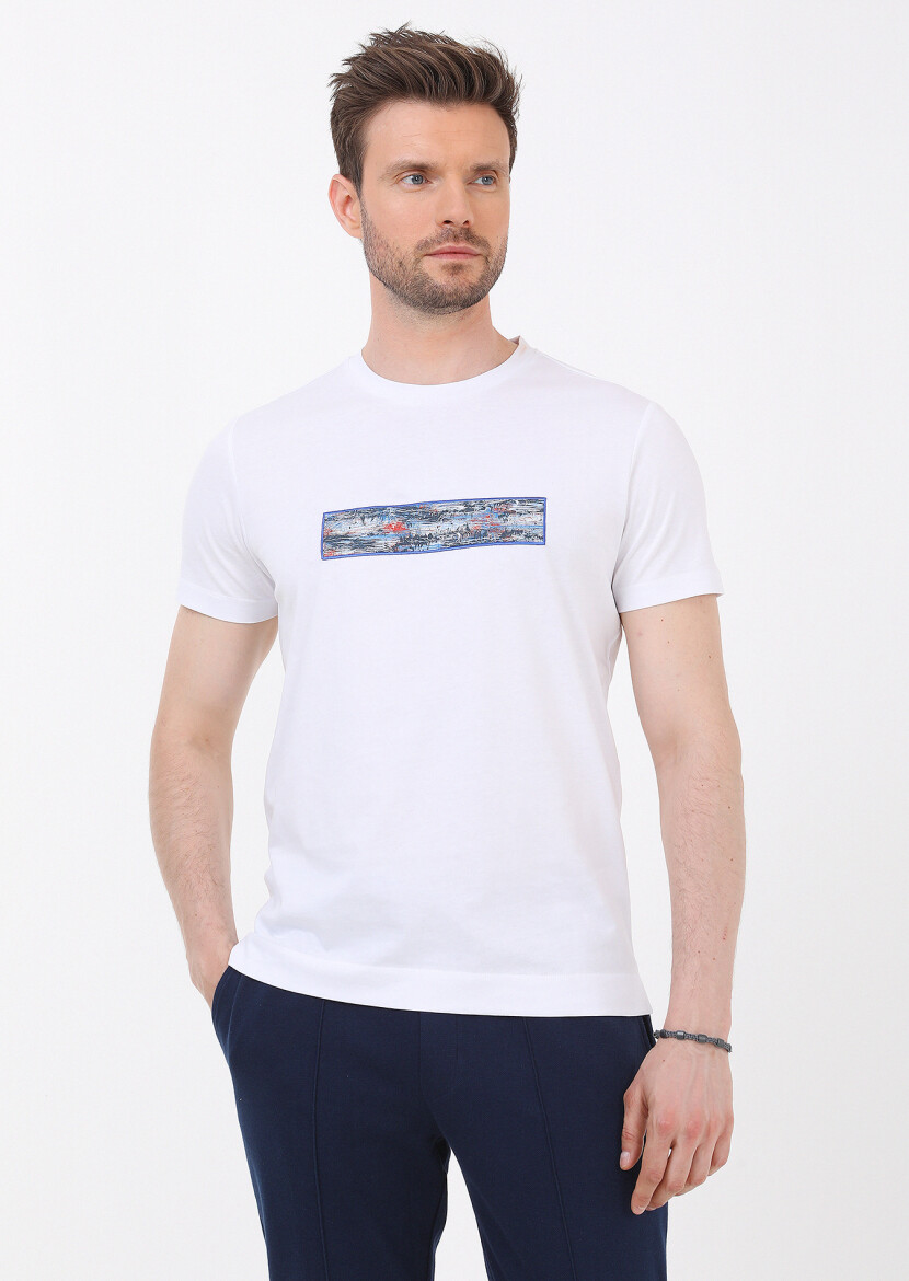 Beyaz Düz Bisiklet Yaka %100 Pamuk T-Shirt - 1