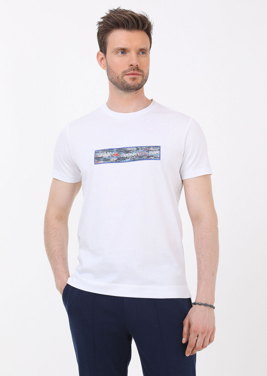 Beyaz Düz Bisiklet Yaka %100 Pamuk T-Shirt - 1