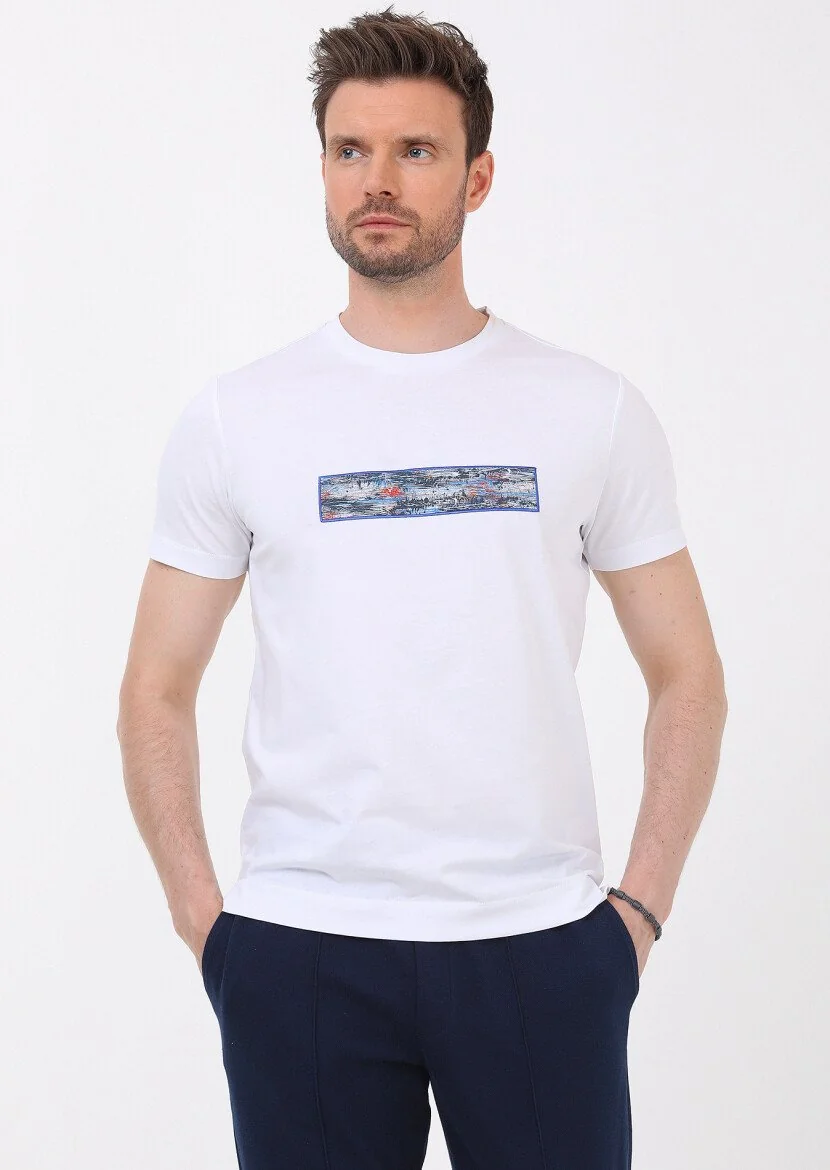 Beyaz Düz Bisiklet Yaka %100 Pamuk T-Shirt - 4