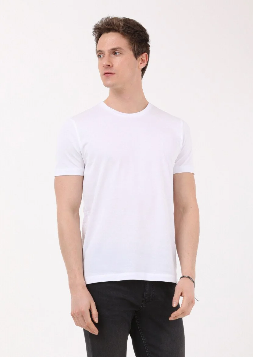Beyaz Düz Bisiklet Yaka %100 Pamuk T-Shirt - 1
