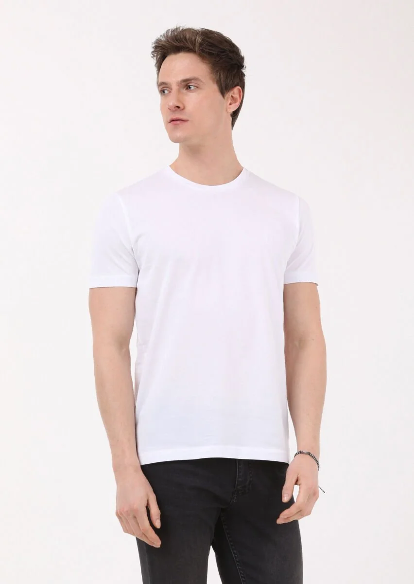 Beyaz Düz Bisiklet Yaka %100 Pamuk T-Shirt - 1