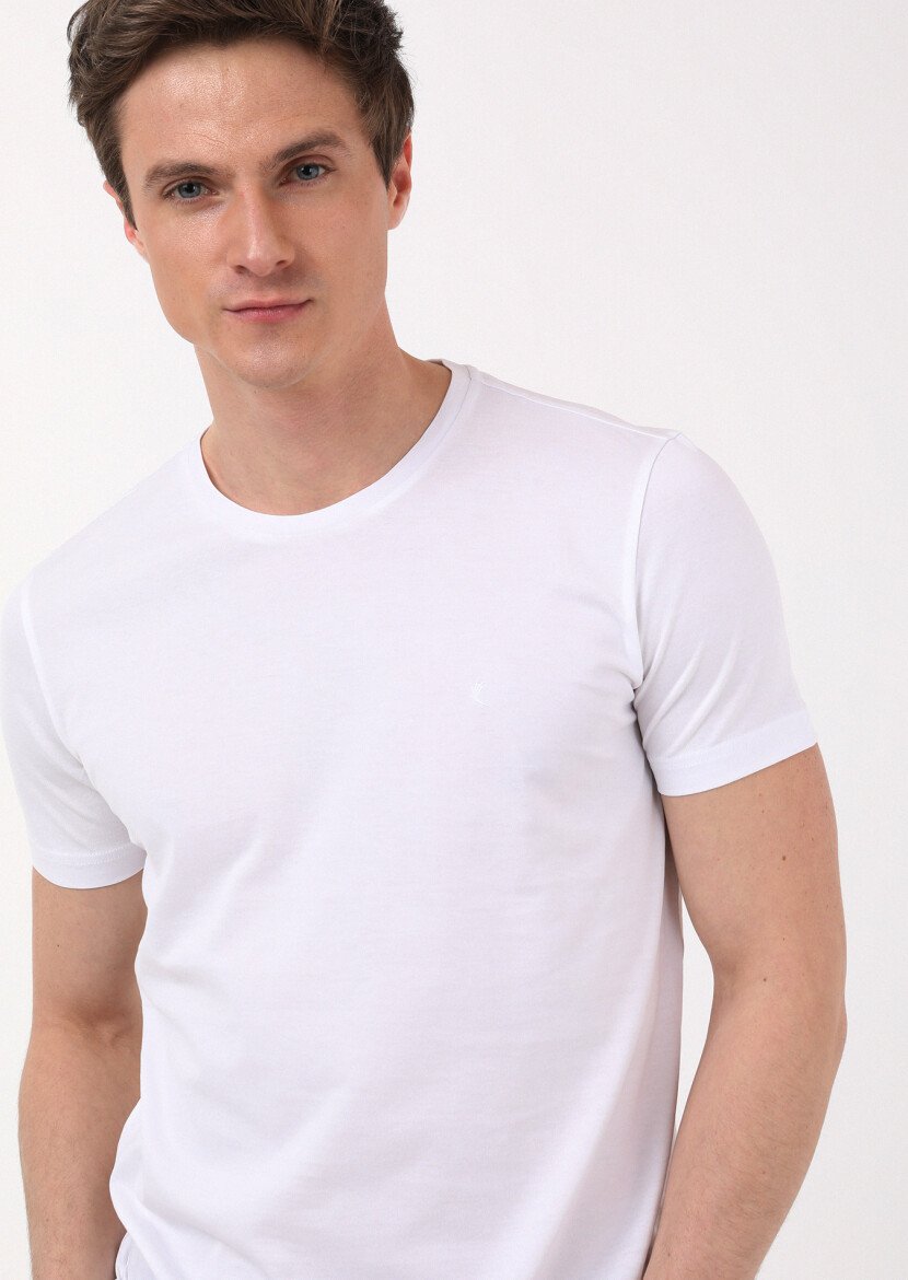 Beyaz Düz Bisiklet Yaka %100 Pamuk T-Shirt 