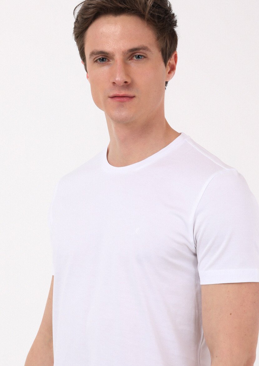 Beyaz Düz Bisiklet Yaka %100 Pamuk T-Shirt - 3