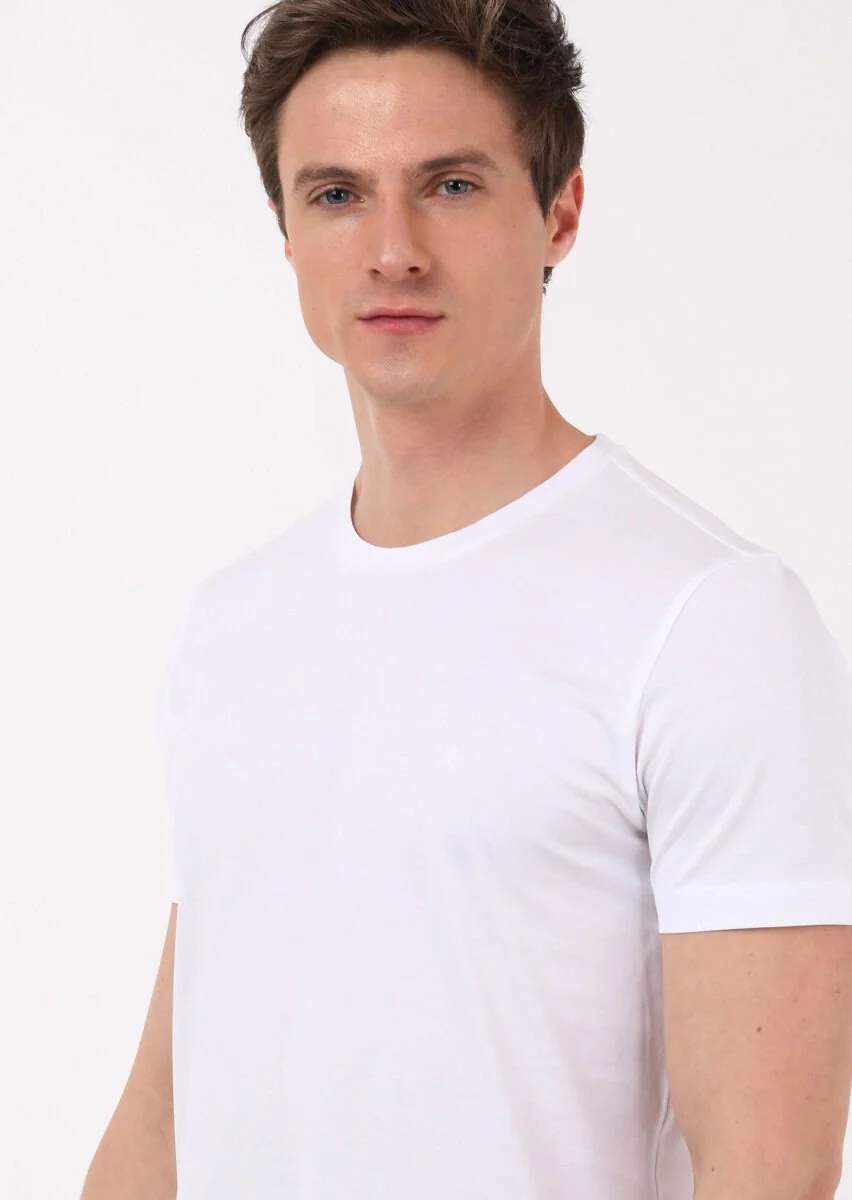 Beyaz Düz Bisiklet Yaka %100 Pamuk T-Shirt - 3