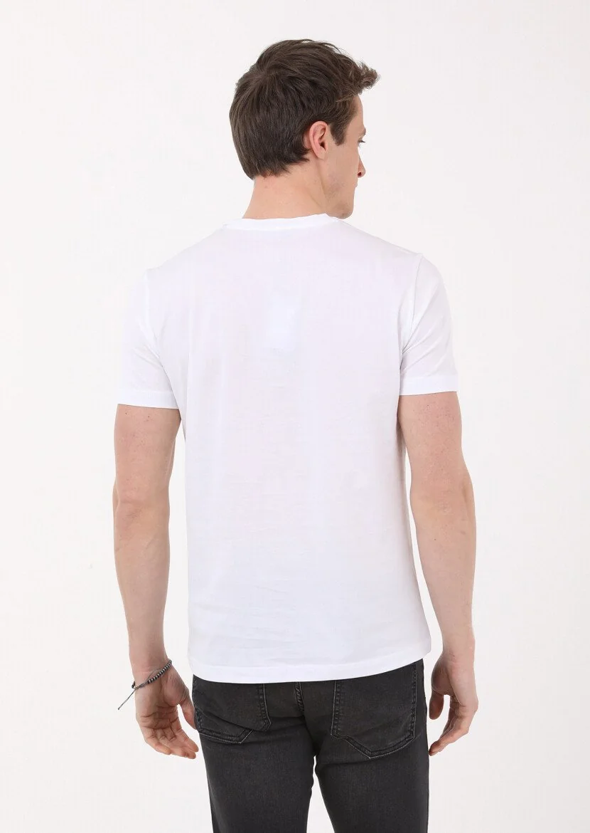 Beyaz Düz Bisiklet Yaka %100 Pamuk T-Shirt - 5