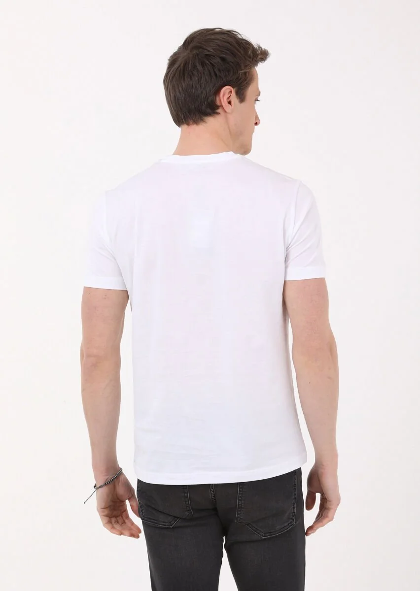 Beyaz Düz Bisiklet Yaka %100 Pamuk T-Shirt - 5