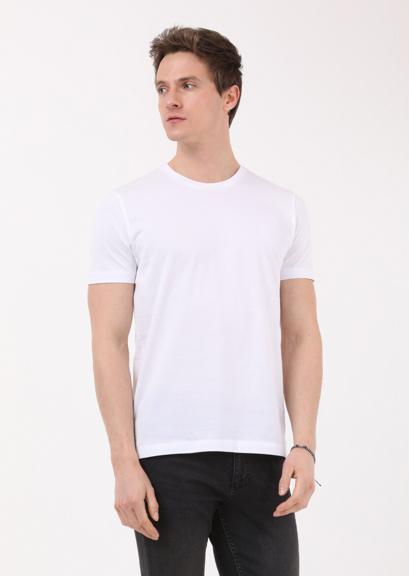 Beyaz Düz Bisiklet Yaka %100 Pamuk T-Shirt - 1