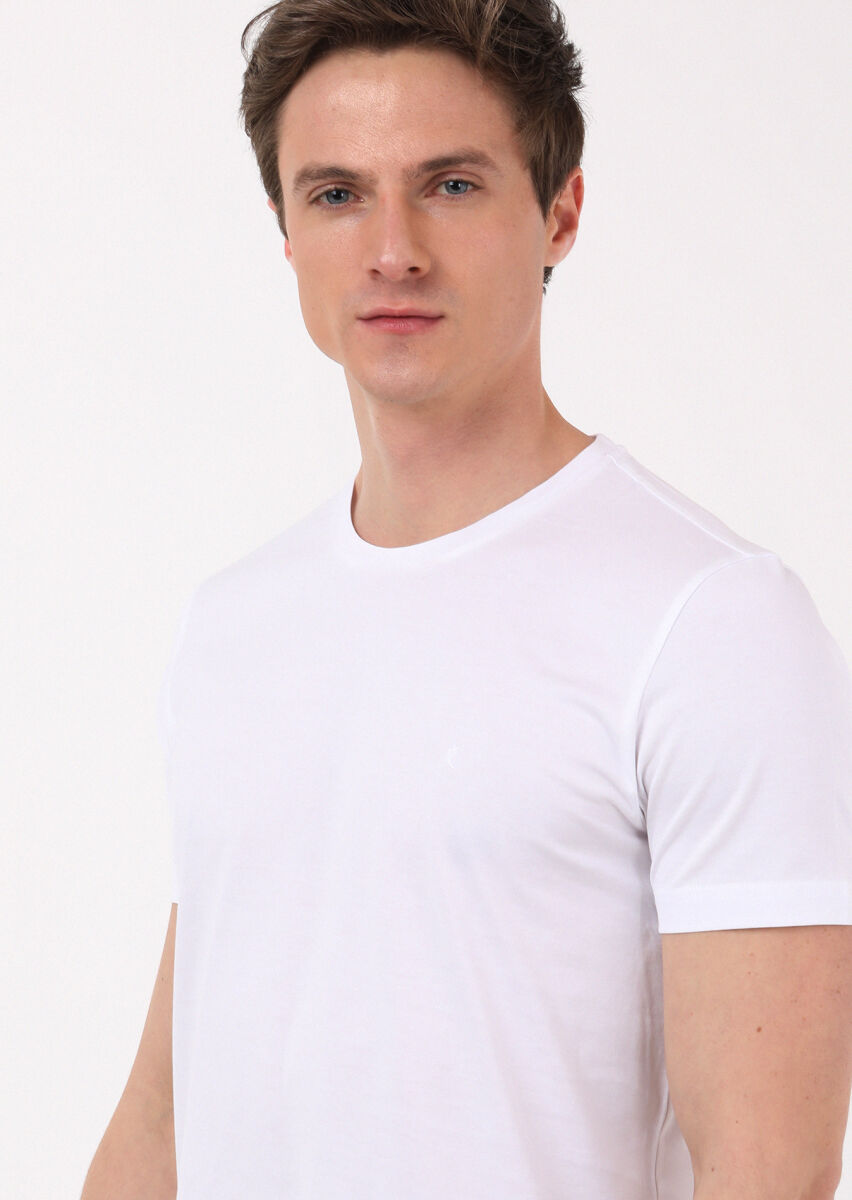 Beyaz Düz Bisiklet Yaka %100 Pamuk T-Shirt - 3