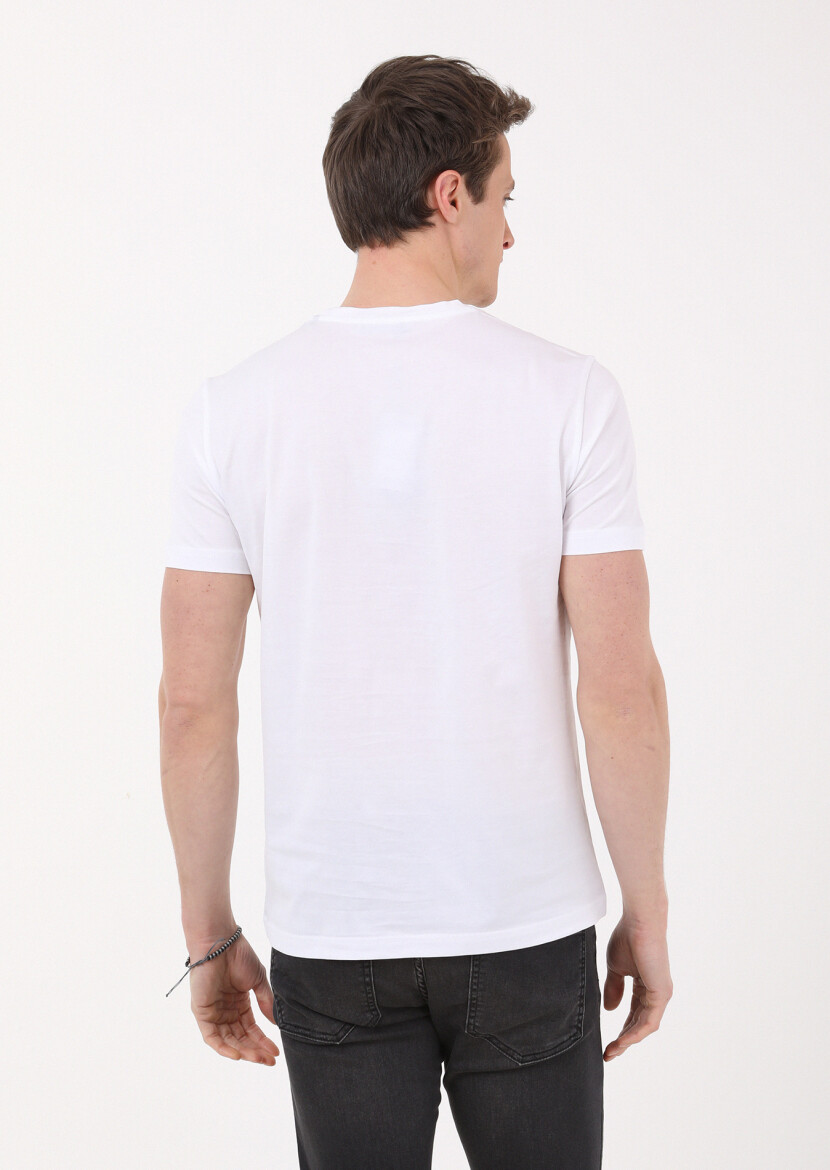 Beyaz Düz Bisiklet Yaka %100 Pamuk T-Shirt - 5