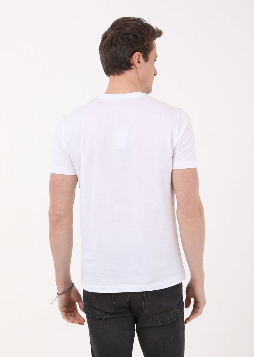 Beyaz Düz Bisiklet Yaka %100 Pamuk T-Shirt - 5