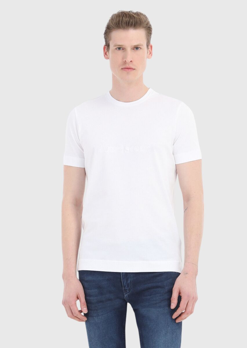 Beyaz Düz Bisiklet Yaka %100 Pamuk T-Shirt - 2