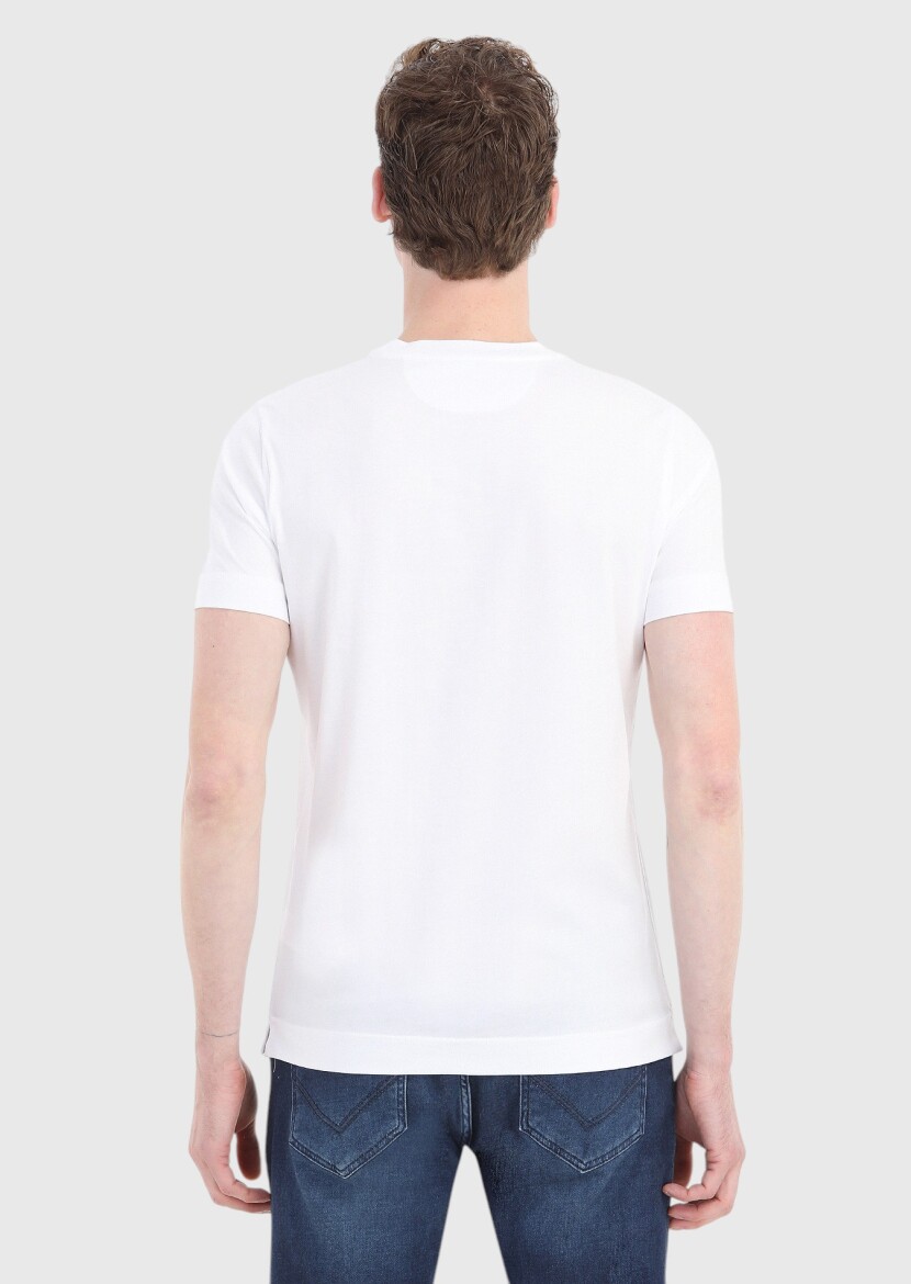 Beyaz Düz Bisiklet Yaka %100 Pamuk T-Shirt - 4