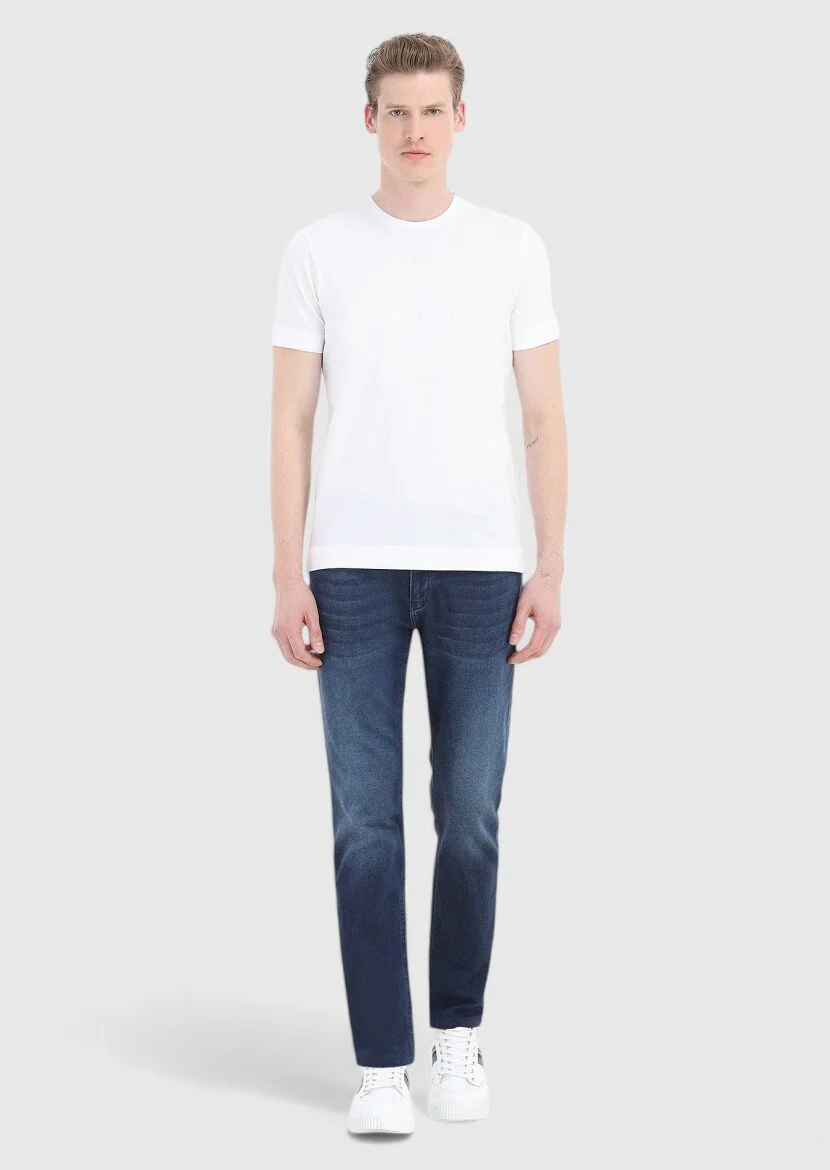 Beyaz Düz Bisiklet Yaka %100 Pamuk T-Shirt - 1