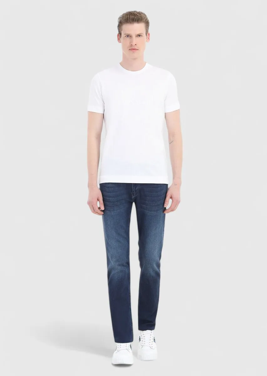 Beyaz Düz Bisiklet Yaka %100 Pamuk T-Shirt - 1