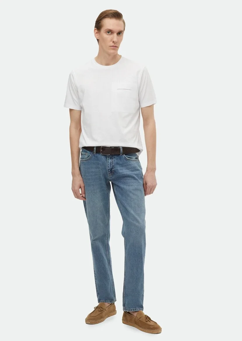 Beyaz Düz Bisiklet Yaka %100 Pamuk T-Shirt - 1