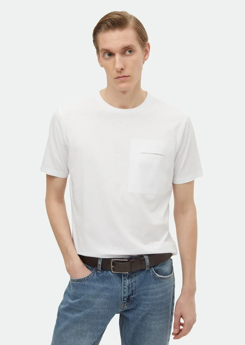 Beyaz Düz Bisiklet Yaka %100 Pamuk T-Shirt - 2