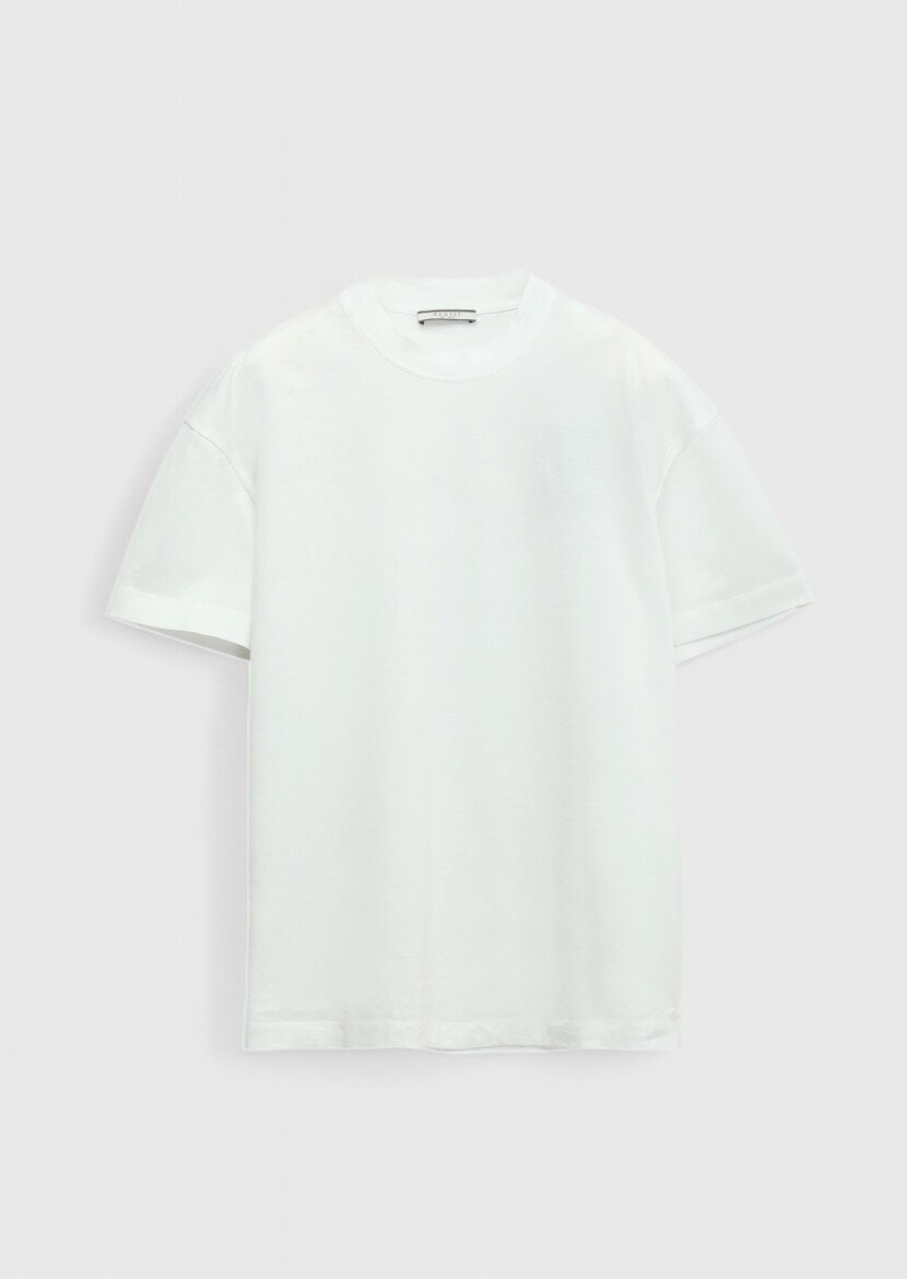 Beyaz Düz Bisiklet Yaka %100 Pamuk T-Shirt - 6