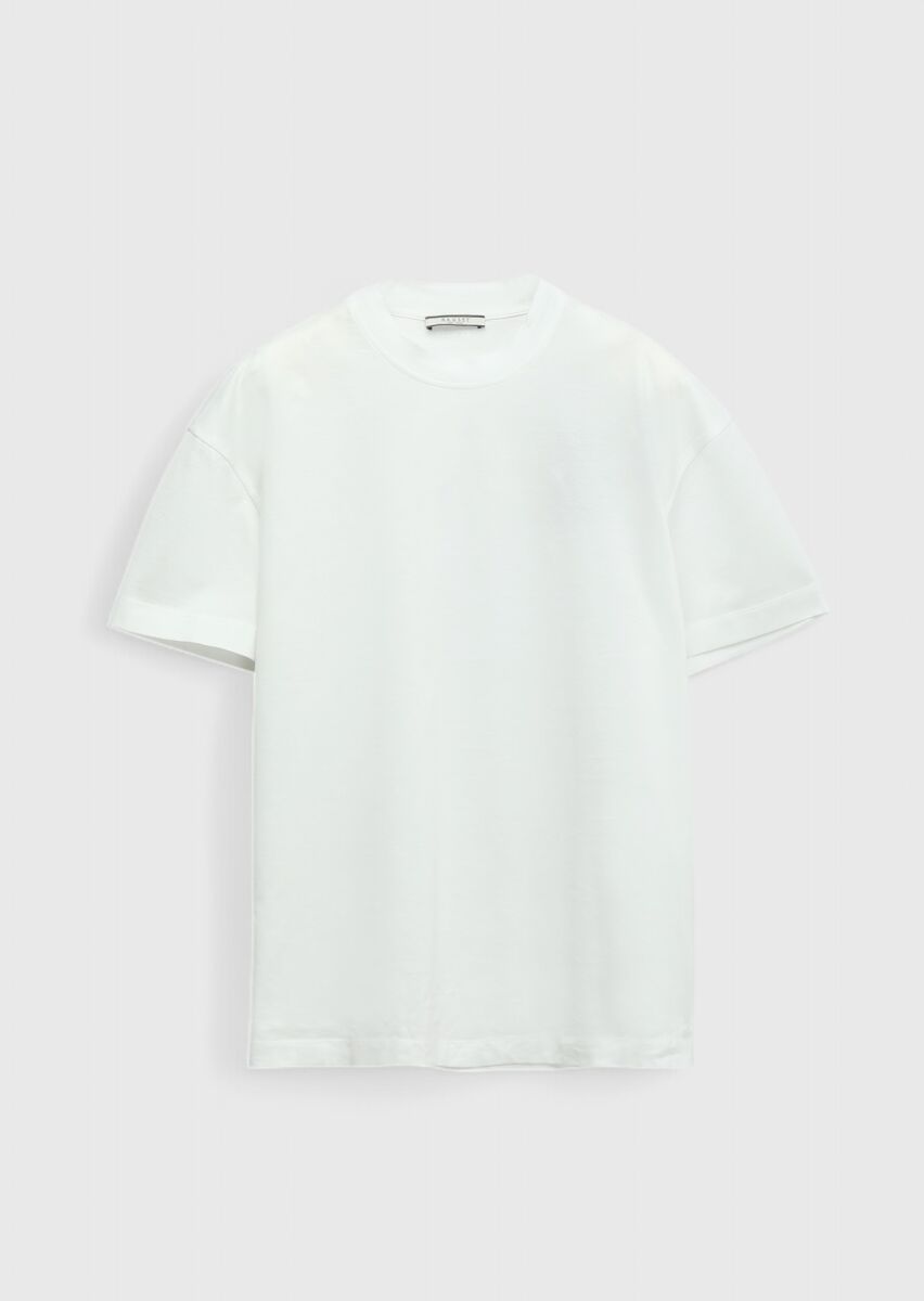 Beyaz Düz Bisiklet Yaka %100 Pamuk T-Shirt - 6