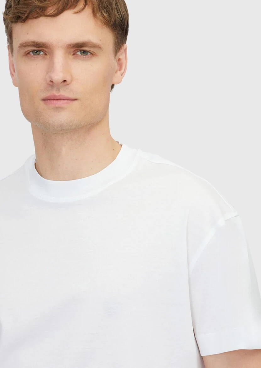 Beyaz Düz Bisiklet Yaka %100 Pamuk T-Shirt - 3