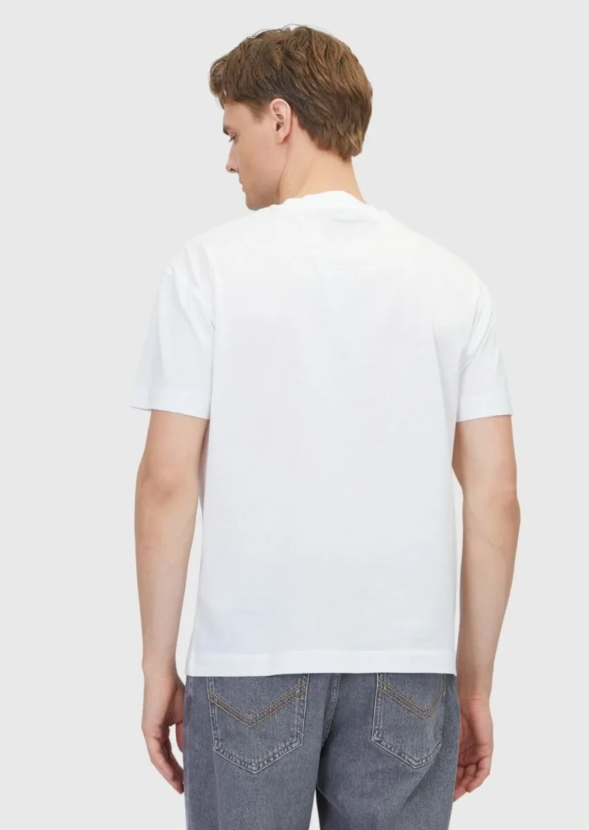 Beyaz Düz Bisiklet Yaka %100 Pamuk T-Shirt - 5