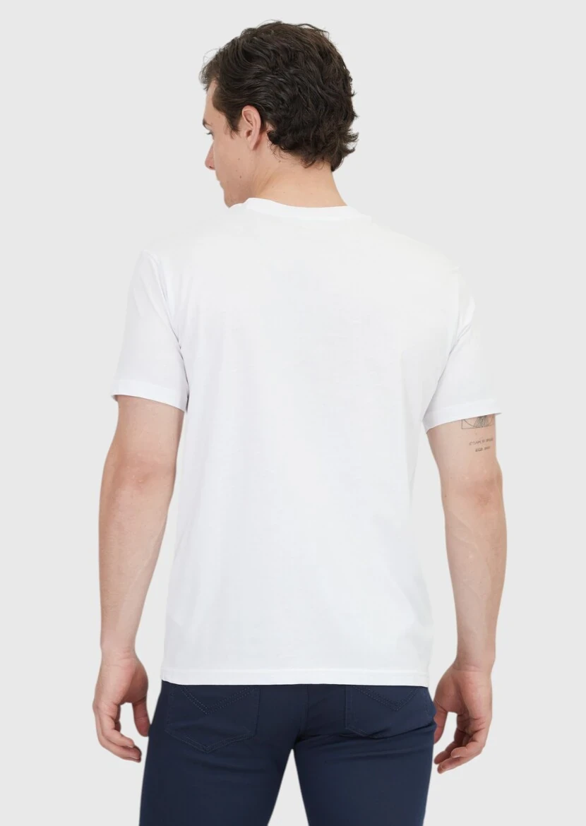 Beyaz Düz Bisiklet Yaka %100 Pamuk T-Shirt - 5