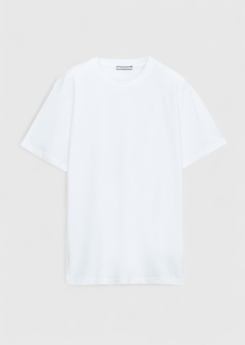 Beyaz Düz Bisiklet Yaka %100 Pamuk T-Shirt - 6