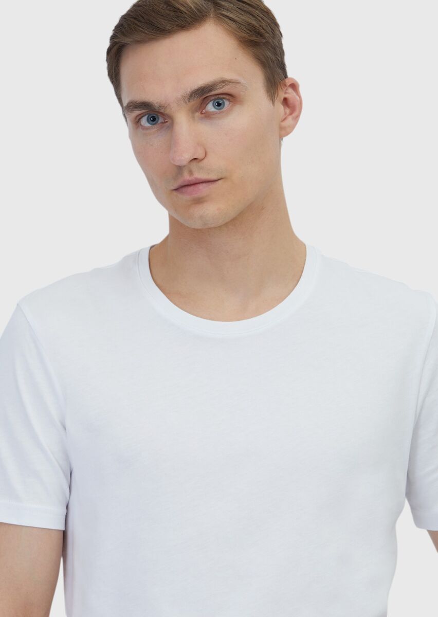 Beyaz Düz Bisiklet Yaka %100 Pamuk T-Shirt - 3
