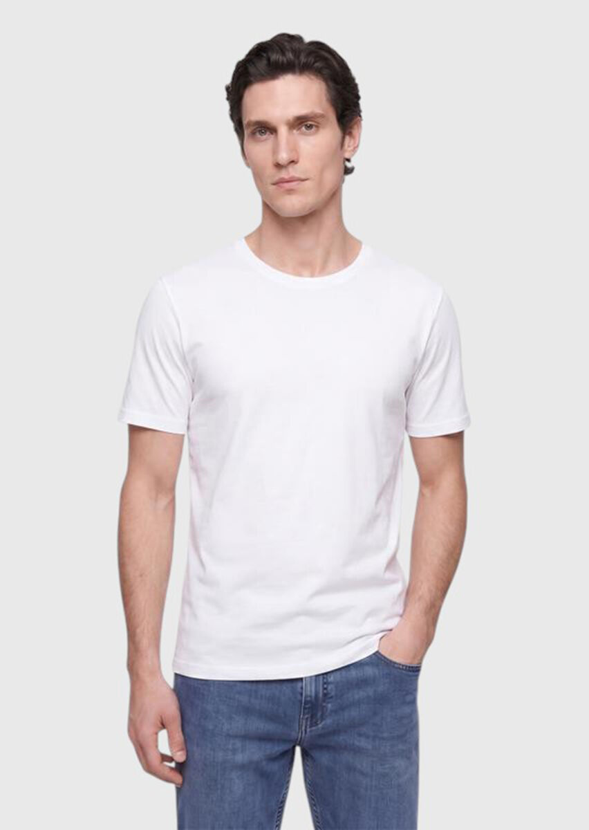 Beyaz Düz Bisiklet Yaka %100 Pamuk T-Shirt - 1