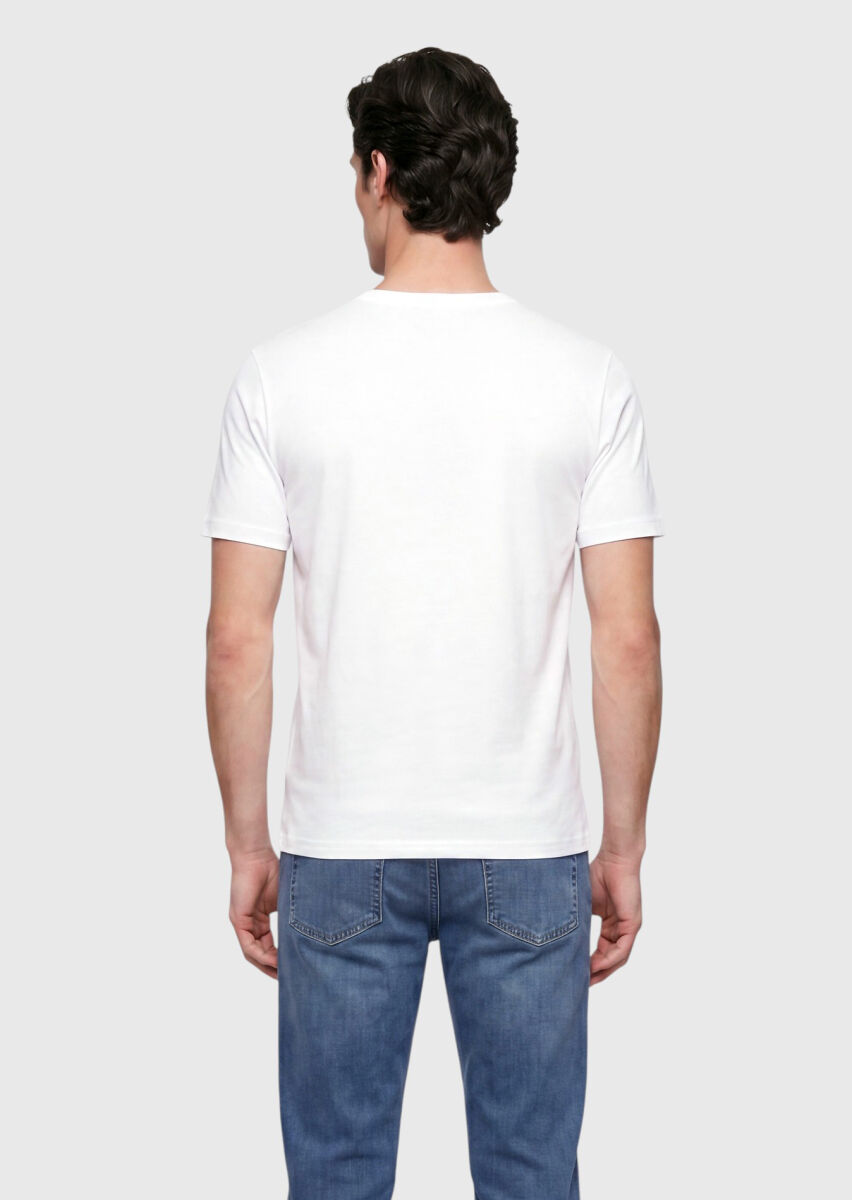 Beyaz Düz Bisiklet Yaka %100 Pamuk T-Shirt - 5