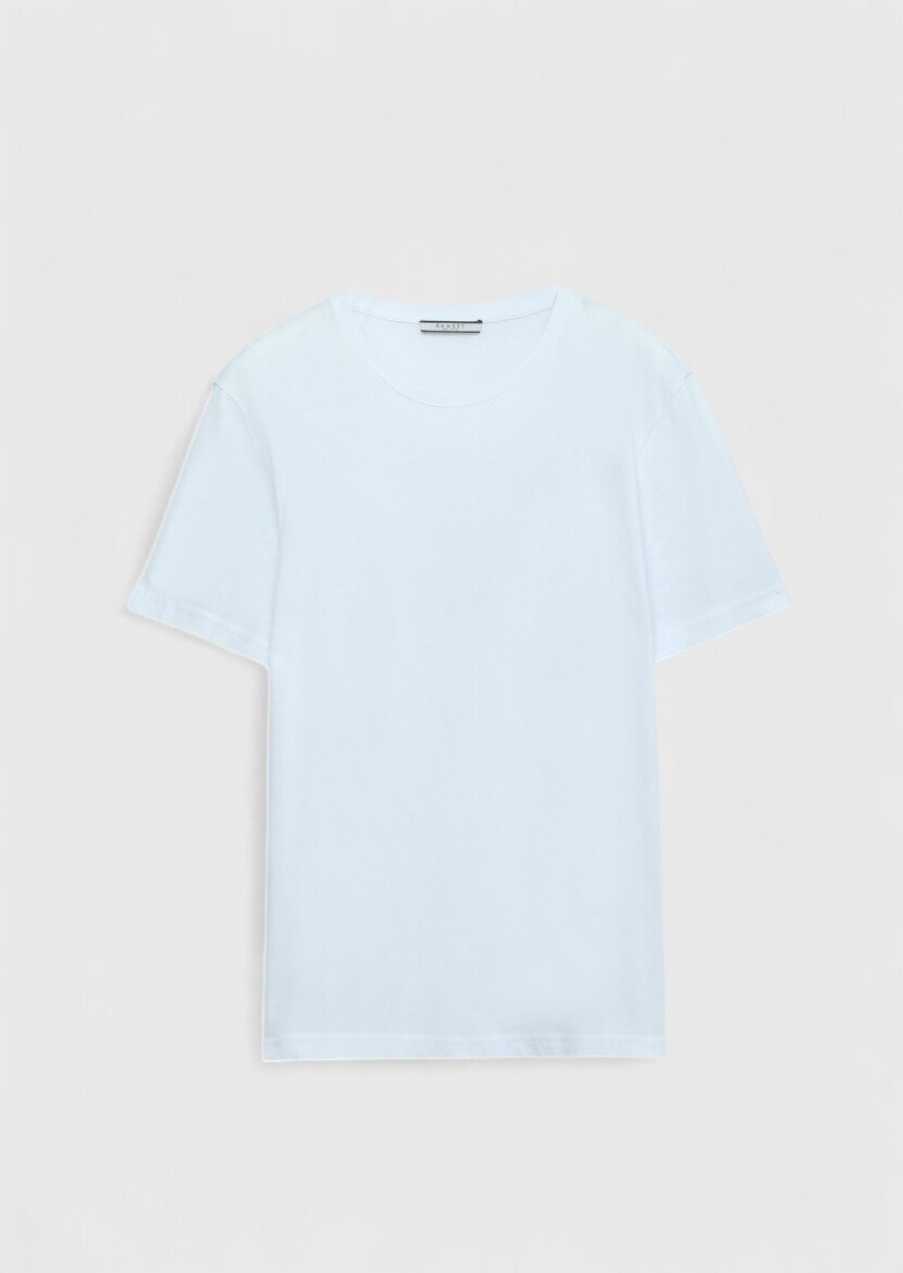 Beyaz Düz Bisiklet Yaka %100 Pamuk T-Shirt - 6