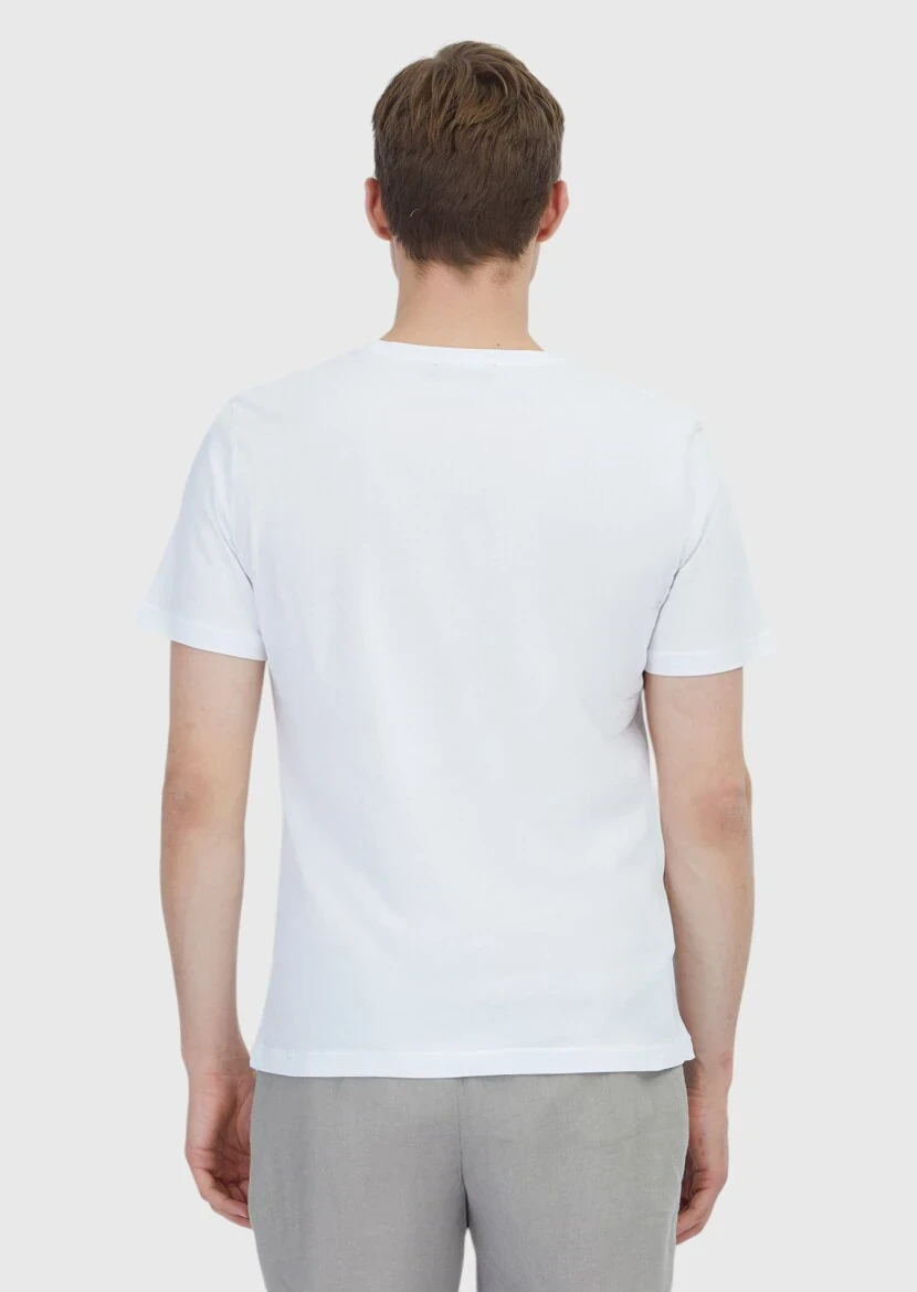 Beyaz Düz Bisiklet Yaka %100 Pamuk T-Shirt - 5