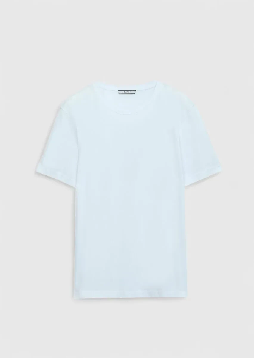 Beyaz Düz Bisiklet Yaka %100 Pamuk T-Shirt - 6