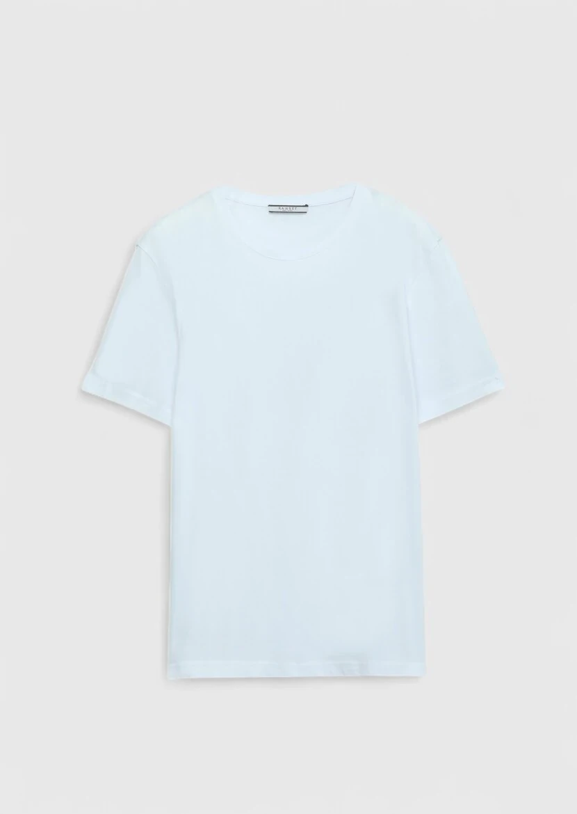 Beyaz Düz Bisiklet Yaka %100 Pamuk T-Shirt 