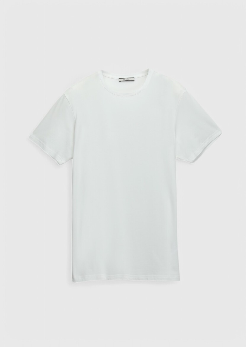 Beyaz Düz Bisiklet Yaka Pamuk Karışımlı T-Shirt - 6