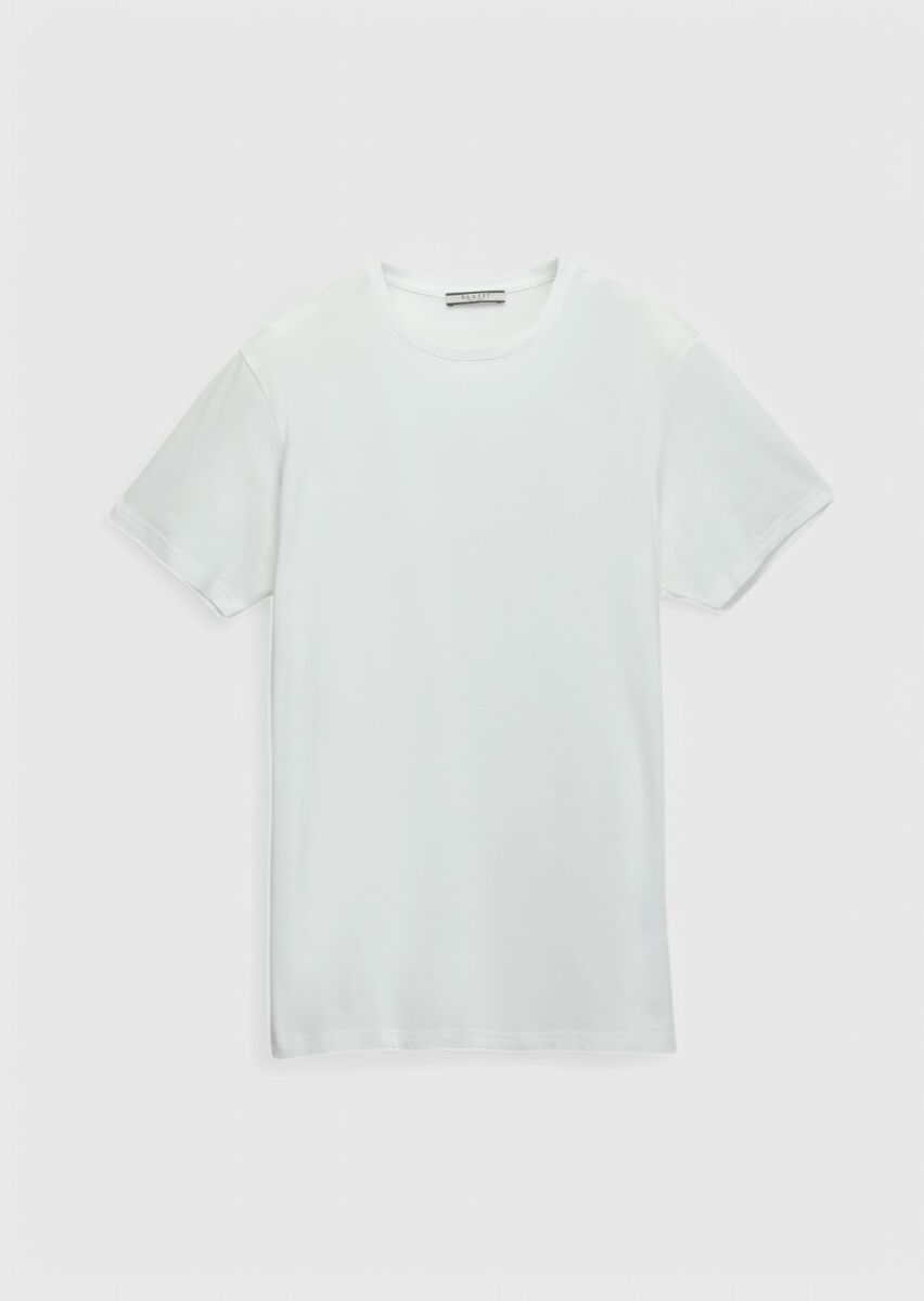 Beyaz Düz Bisiklet Yaka Pamuk Karışımlı T-Shirt - 6