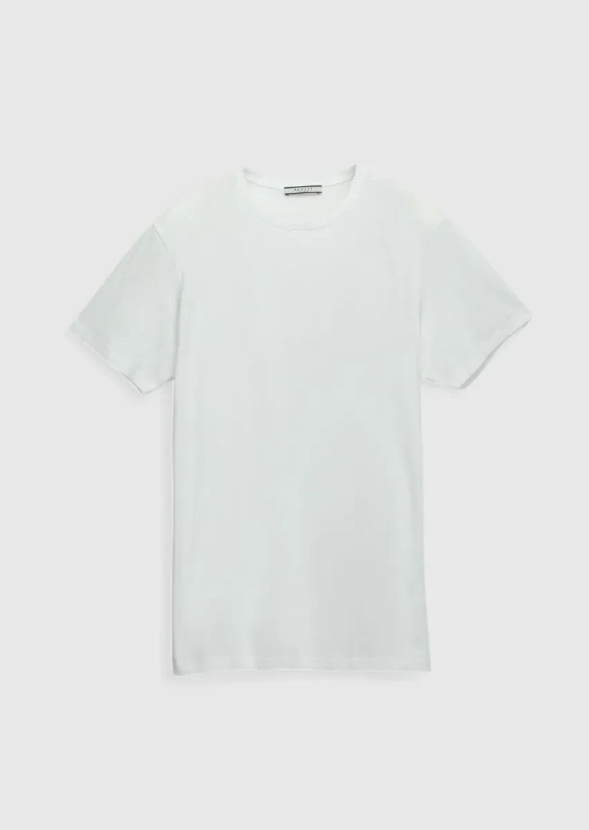 Beyaz Düz Bisiklet Yaka Pamuk Karışımlı T-Shirt - 6