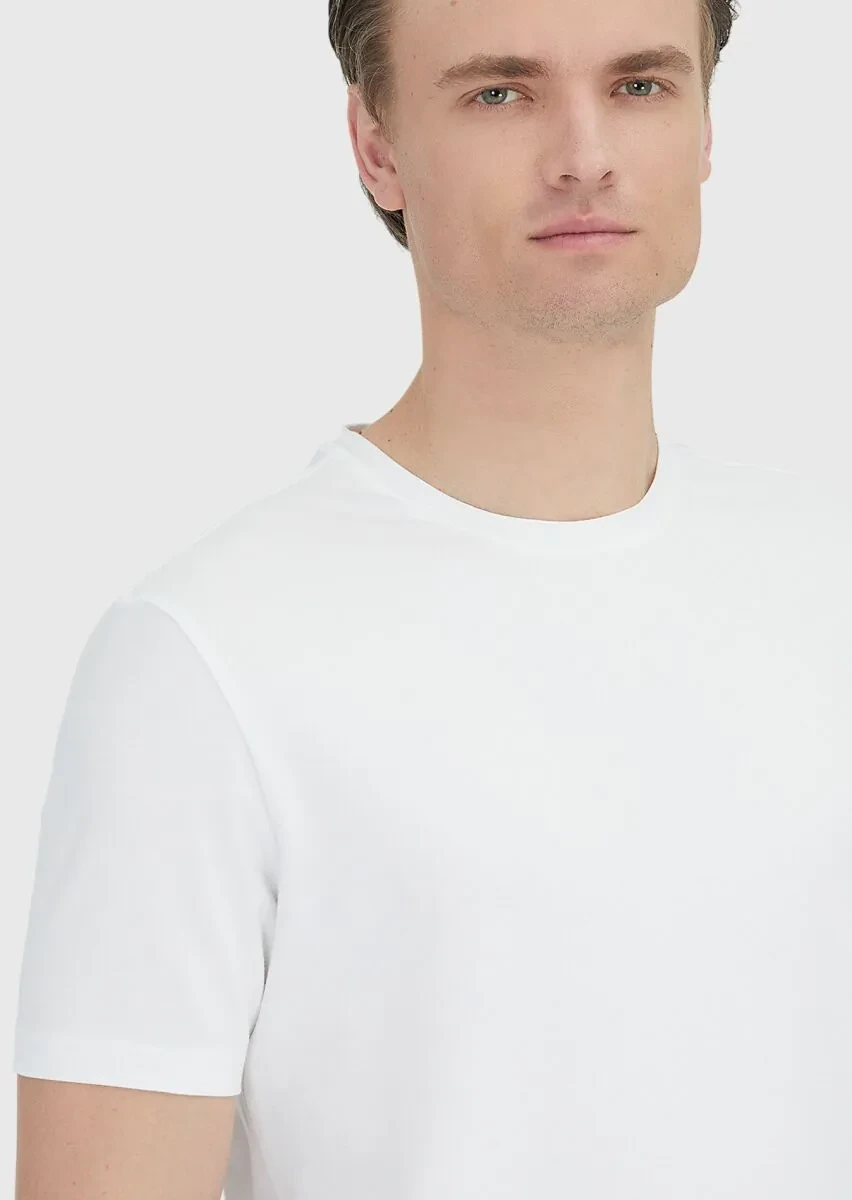 Beyaz Düz Bisiklet Yaka Pamuk Karışımlı T-Shirt - 5