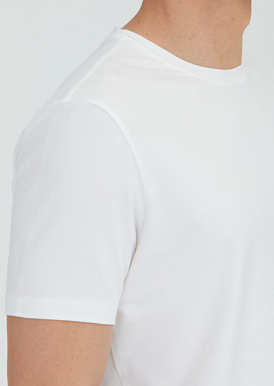 Beyaz Düz Bisiklet Yaka Pamuk Karışımlı T-Shirt - 6